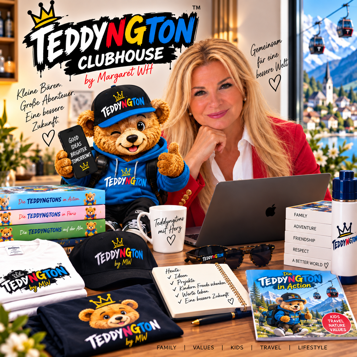 TEDDYNGTON Clubhouse by Margaret WH in Farbe: Margaret WH mit TEDDY und Merchandise, Familie | Werte | Kids | Reisen | Lifestyle